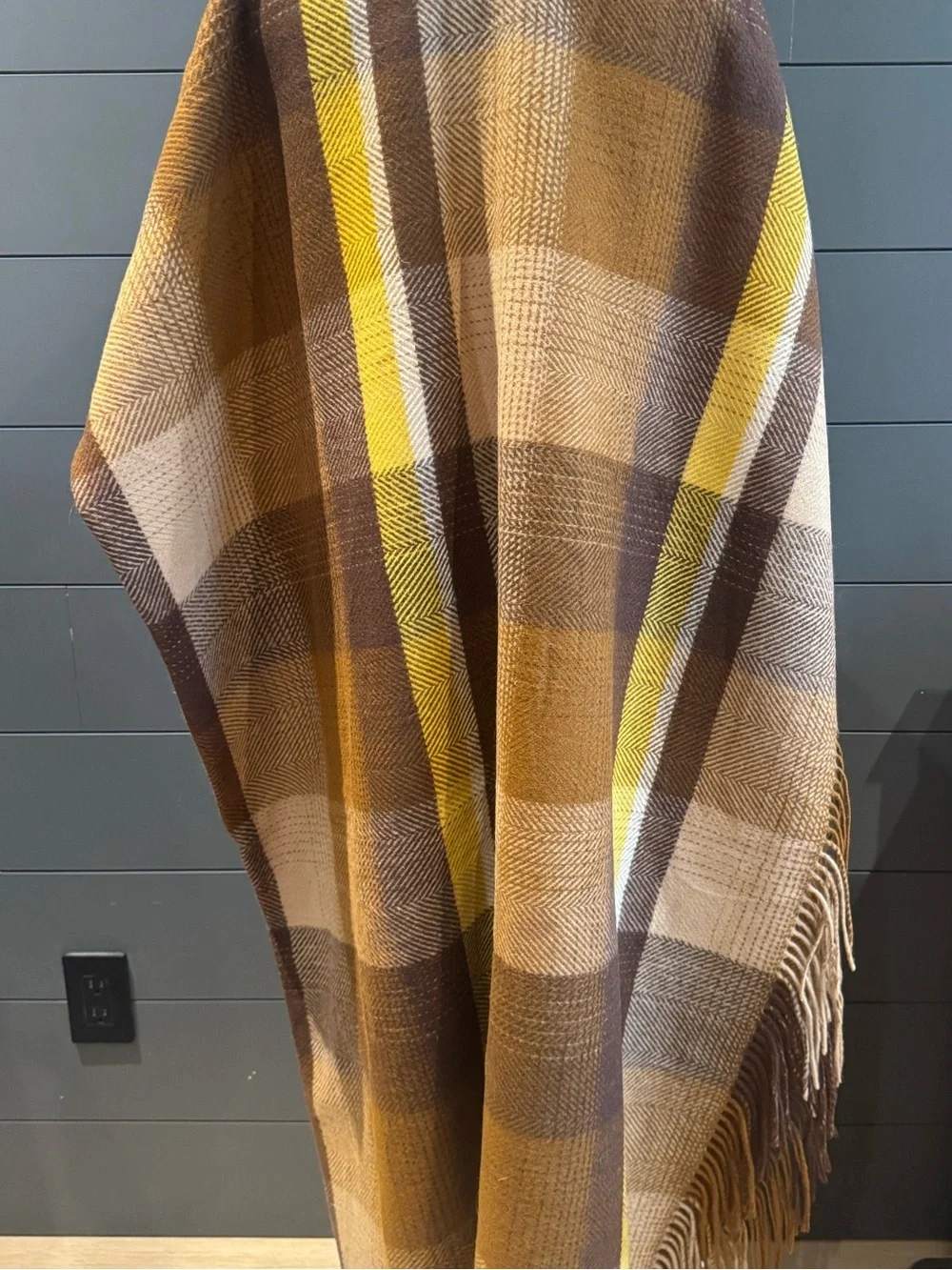 NWT Wool Plaid Throw Blanket in Mustard, Brown & Cream with Fringe Edges 72x56